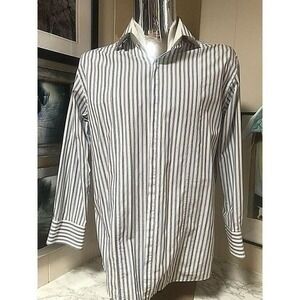 ABS Allen Schwartz Mens 16.5 32 Blue White Striped Long Sleeved Button Shirt